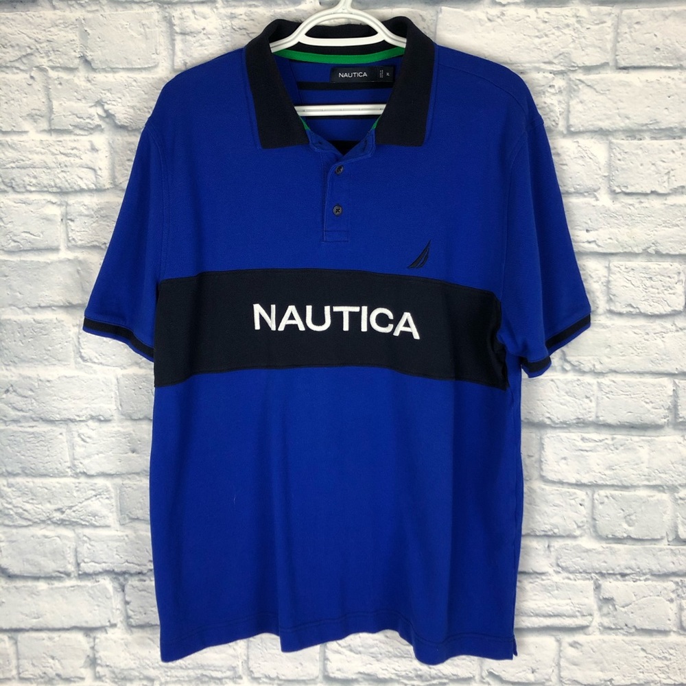 NAUTICA | Spellout Logo Blue Polo T-Shirt Size XL